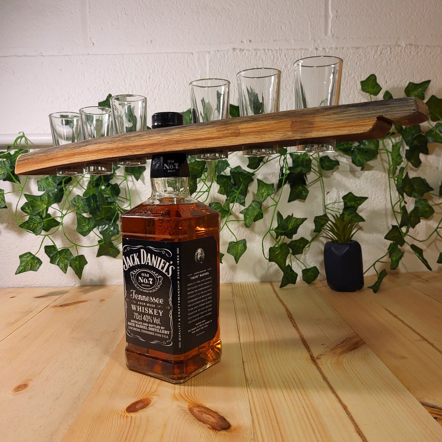 Hand-Crafted Whiskey Barrel Stave Shot Glass Bottle Butler